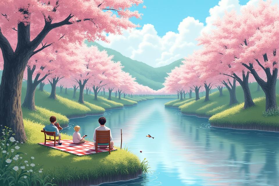 桜が咲く川でコイ釣りを楽しむ家族