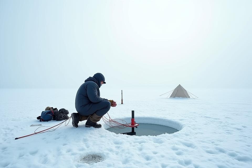 凍った湖で氷上ワカサギ釣りの準備をする様子
