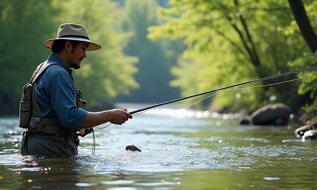 春の小川でバスを釣る男性